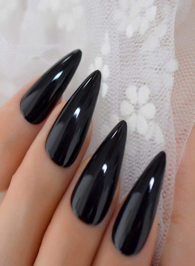 EchiQ Sharp Pointed Fake Nails Black Gelnails Medium-Long Size Real Stiletto Point Acrylic Nail Tips 24 - Image 4